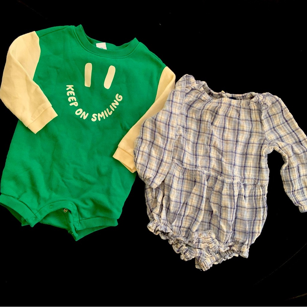 Old Navy Green and Plaid Baby Romper Set